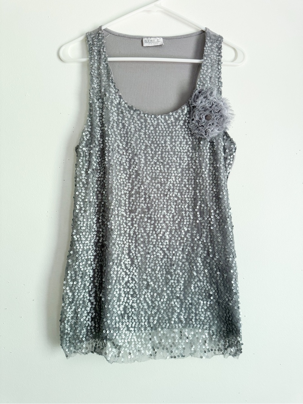 Y2K Silver Sequin Tank with coquette floral Accent